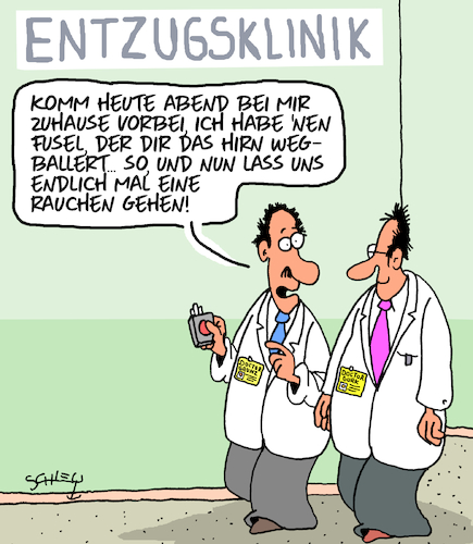 Cartoon: Entzugsklinik (medium) by Karsten Schley tagged drogen,sucht,gesundheit,entzug,alkohol,rauchen,ärzte,patienten,gesellschaft,drogen,sucht,gesundheit,entzug,alkohol,rauchen,ärzte,patienten,gesellschaft