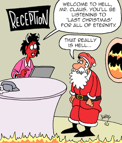 Cartoon: Eternity (medium) by Karsten Schley tagged christmas,eternity,hell,music,wham,religion,holidays,santa,media,entertainment,christmas,eternity,hell,music,wham,religion,holidays,santa,media,entertainment