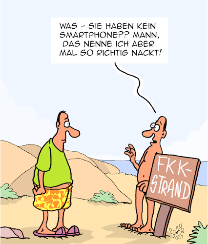 Cartoon: Ganz nackt!! (medium) by Karsten Schley tagged urlaub,reisen,strand,fkk,sommer,ferien,tourismus,smartphones,mode,technik,nacktheit,gesellschaft,urlaub,reisen,strand,fkk,sommer,ferien,tourismus,smartphones,mode,technik,nacktheit,gesellschaft
