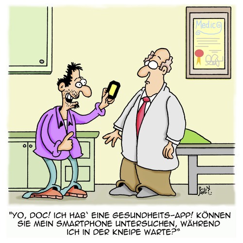 Cartoon: Gesundheits-App (medium) by Karsten Schley tagged technik,bars,pubs,gesundheit,patienten,doktoren,ärzte,smartphones,kommunikation,smartphones,ärzte,doktoren,patienten,gesundheit,pubs,bars,technik,kommunikation