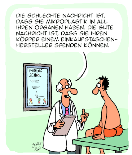 Cartoon: Gute Nachricht! (medium) by Karsten Schley tagged gesundheit,umwelt,mikroplastik,ärzte,patienten,umweltzerstörung,natur,menschheit,gesellschaft,medien,gesundheit,umwelt,mikroplastik,ärzte,patienten,umweltzerstörung,natur,menschheit,gesellschaft,medien