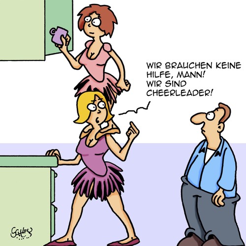 Cartoon: Hilfe! (medium) by Karsten Schley tagged sport,frauen,cheerleader,leistungssport,hilfe,fitness,männer,sport,frauen,cheerleader,leistungssport,hilfe,fitness,männer