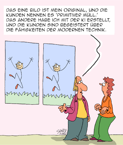 Cartoon: KI kann Kunst (medium) by Karsten Schley tagged ki,kunst,fake,kunden,copyright,kreativität,künstler,künstlerinnen,originale,technik,gesellschaft,ki,kunst,fake,kunden,copyright,kreativität,künstler,künstlerinnen,originale,technik,gesellschaft