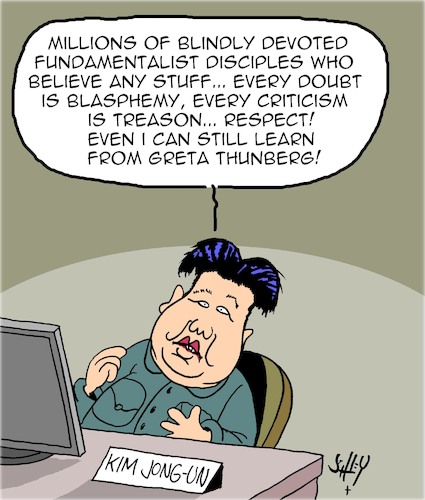 Cartoon: Kim Jong-Un has Respect! (medium) by Karsten Schley tagged north,korea,kim,jong,un,greta,environment,religion,politics,climate,media,society,north,korea,kim,jong,un,greta,environment,religion,politics,climate,media,society