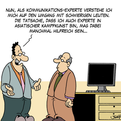 Cartoon: Kommunikations-Experte (medium) by Karsten Schley tagged kommunikation,wirtschaft,experten,business,kampfkunst,asien,arbeit,arbeitgeber,arbeitnehmer,kommunikation,wirtschaft,experten,business,kampfkunst,asien,arbeit,arbeitgeber,arbeitnehmer