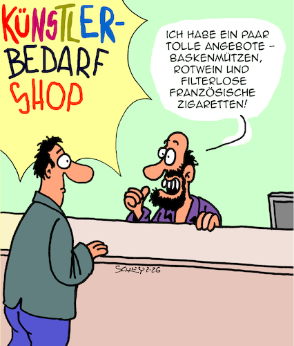 Cartoon: Künstlerbedarf (medium) by Karsten Schley tagged kunst,künstler,künstlerbedarf,klischees,verkauf,shops,angebot,wirtschaft,medien,business,kunst,künstler,künstlerbedarf,klischees,verkauf,shops,angebot,wirtschaft,medien,business