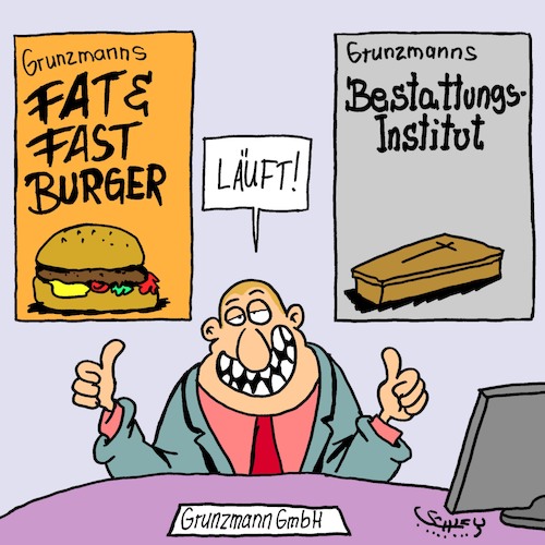 Cartoon: Läuft... (medium) by Karsten Schley tagged ernährung,fast,food,gesundheit,gesellschaft,business,wirtschaft,gastronomie,deutschland,europa,ernährung,fast,food,gesundheit,gesellschaft,business,wirtschaft,gastronomie,deutschland,europa