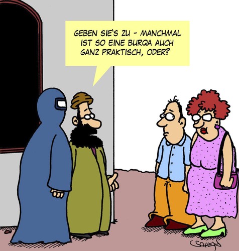 Cartoon: Manchmal (medium) by Karsten Schley tagged religion,islam,muslime,männer,frauen,burqa,tourismus,religion,islam,muslime,männer,frauen,burqa,tourismus