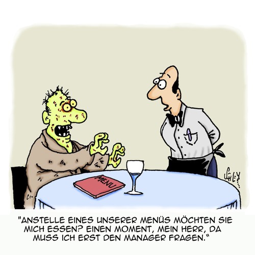 Cartoon: Moment bitte! (medium) by Karsten Schley tagged ernährung,gastronomie,restaurants,essen,zombies,ernährung,gastronomie,restaurants,essen,zombies