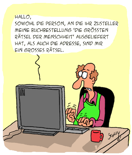 Cartoon: Mysteriös! (medium) by Karsten Schley tagged onlinebestellungen,lieferungen,paketdienste,zustellung,zustellerinnen,service,kundeninnen,pakete,wirtschaft,gesellschaft,onlinebestellungen,lieferungen,paketdienste,zustellung,zustellerinnen,service,kundeninnen,pakete,wirtschaft,gesellschaft