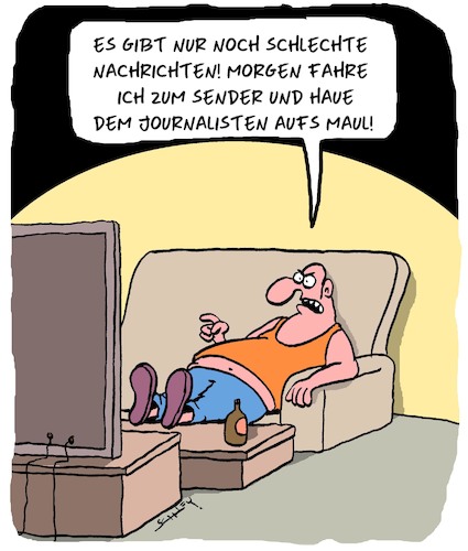 Cartoon: Schlechte Nachrichten (medium) by Karsten Schley tagged journalisten,übergriffe,gewalt,presse,pressefreiheit,gesellschaft,medien,journalisten,übergriffe,gewalt,presse,pressefreiheit,gesellschaft,medien