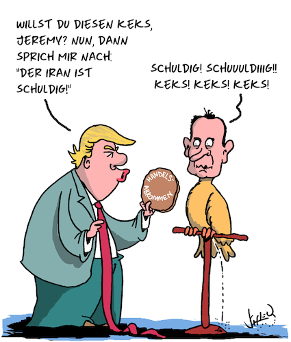 Cartoon: Schuldig (medium) by Karsten Schley tagged iran,trump,hunt,usa,uk,krieg,politik,wirtschaft,handelsabkommen,iran,trump,hunt,usa,uk,krieg,politik,wirtschaft,handelsabkommen