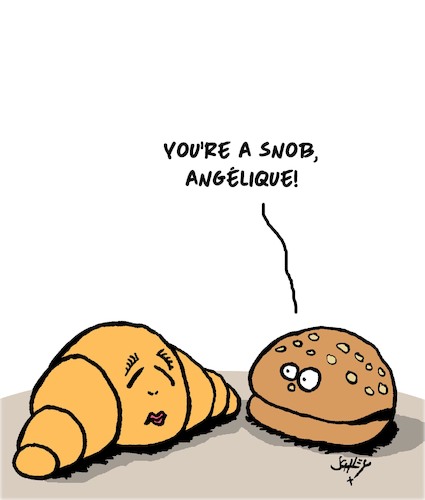 Cartoon: Snobbish Food (medium) by Karsten Schley tagged snobs,food,croissants,burgers,france,love,europe,society,men,women,relationships,snobs,food,croissants,burgers,france,love,europe,society,men,women,relationships