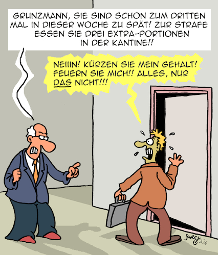 Cartoon: Strafe muß sein! (medium) by Karsten Schley tagged arbeit,arbeitgeber,arbeitnehmer,disziplin,pünktlichkeit,management,führungsstärke,führungskräfte,kantinen,essen,arbeitsrecht,kantinenqualität,gesellschaft,wirtschaft,arbeit,arbeitgeber,arbeitnehmer,disziplin,pünktlichkeit,management,führungsstärke,führungskräfte,kantinen,essen,arbeitsrecht,kantinenqualität,gesellschaft,wirtschaft