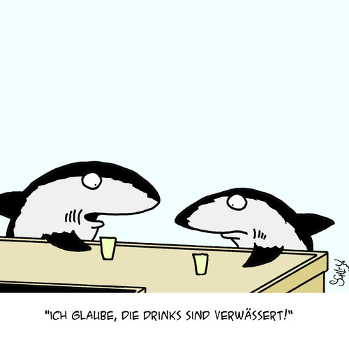 Cartoon: Verwässert... (medium) by Karsten Schley tagged gastronomie,essen,trinken,ernährung,wasser,meere,ozeane,tiere,fische,gastronomie,essen,trinken,ernährung,wasser,meere,ozeane,tiere,fische