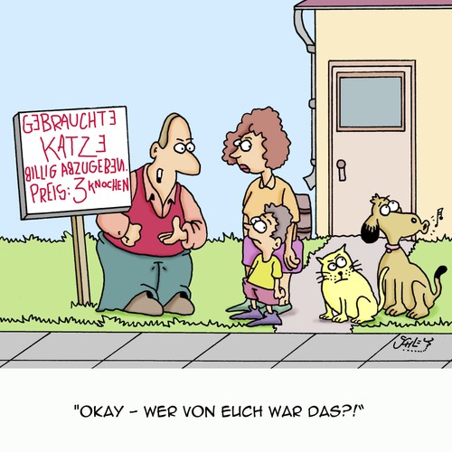 Cartoon: WER war das??! (medium) by Karsten Schley tagged familie,kinder,tiere,haustiere,hunde,katzen,verkaufen,verkäufer,business,wirtschaft,familie,kinder,tiere,haustiere,hunde,katzen,verkaufen,verkäufer,business,wirtschaft