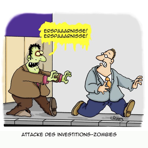 Cartoon: ZOMBIE!!! (medium) by Karsten Schley tagged sparer,ersparnisse,investitionen,banken,banker,investmentbanker,geld,rendite,wirtschaft,business,sparer,ersparnisse,investitionen,banken,banker,investmentbanker,geld,rendite,wirtschaft,business