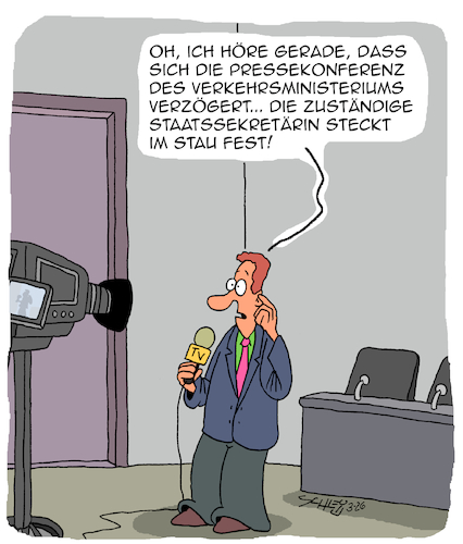 Cartoon: Zuviel Stau! (medium) by Karsten Schley tagged politik,presse,reporter,medien,pressekonferenzen,verkehr,verkehrsministerium,staus,straßeninfrastruktur,investitionsstau,transportkosten,baustellen,haushaltsmittel,politikversagen,gesellschaft,politik,presse,reporter,medien,pressekonferenzen,verkehr,verkehrsministerium,staus,straßeninfrastruktur,investitionsstau,transportkosten,baustellen,haushaltsmittel,politikversagen,gesellschaft