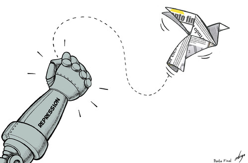 Cartoon: Press freedom under attack (medium) by rodrigo tagged repression,press,freedom,journalism,dictatorship,democracy,speech