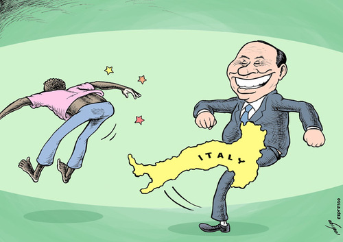 Cartoon: Blackoutusconi (medium) by rodrigo tagged silvio,berlusconi,italy,prime,minister,racism,racist,discrimination,immigration,immigrant