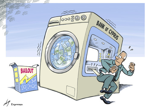 Cartoon: Cyprus financial washing machine (medium) by rodrigo tagged cyprus,crisis,bailout,default,eu,european,union,economy,banks,bank,of,washing,machine
