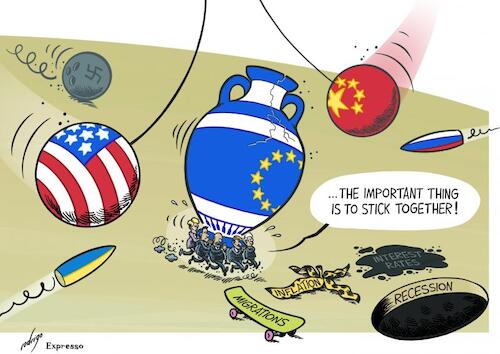 Cartoon: Eurochallenges (medium) by rodrigo tagged europe,eu,geopolitics,logistics,energy,europeans,challenges,migration,prices,inflation,economy,international,politics,interest,war,ukraine,power,russia,usa,china