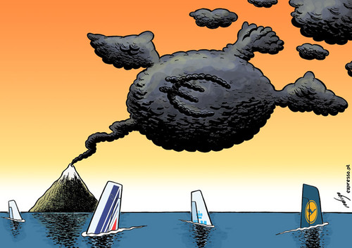 Cartoon: Financial eruption (medium) by rodrigo tagged iceland,volcano,airline,airway,europe,halt,eu,european,union,airport,travel,crisis,eruption