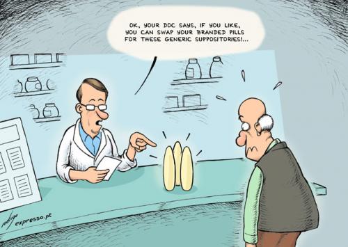 Cartoon: Generic pain in the... (medium) by rodrigo tagged generic,medicine,pill,suppository,health,doctor,drugstore,drug,pharmacy