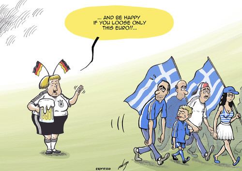 Cartoon: Greece out of the Euro (medium) by rodrigo tagged merkel,angela,greece,germany,soccer,ukraine,poland,football,2012,euro