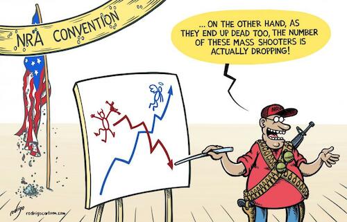 Cartoon: Gun head meeting (medium) by rodrigo tagged nra,guns,usa,mass,shooting,school,children,teachers,gunman,weapons,uvalde,texas,houston,convention,politics