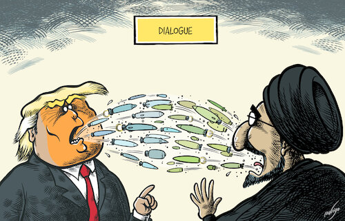 Cartoon: Hostalkities (medium) by rodrigo tagged iran,usa,war,peace,deal,bombing,attacks,diplomacy,trump,ayatollah,mojtabakhamenei,washington,tehran,israel,military,international,politics,middleeast,donaldtrump,iran,usa,war,peace,deal,bombing,attacks,diplomacy,trump,ayatollah,mojtabakhamenei,washington,tehran,israel,military,international,politics,middleeast,donaldtrump