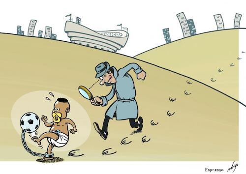 Cartoon: Modern sportlavery (medium) by rodrigo tagged football,humanrights,trafficking,sport,soccer,poverty,economy,inequality,young,footballers,minors,police,network,portugal,victims,africa,asia,southamerica,europe,industry,modern,slavery,society,international,human,children