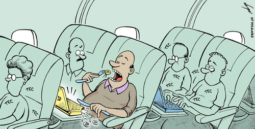 Cartoon: Internet or meal? (medium) by rodrigo tagged flight,airplane,air,companies,airport,plane,wi,fi,internet,connection,meal,lunch,dinner,breakfast,food