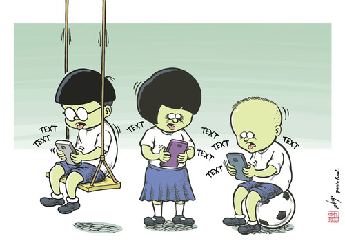 Cartoon: Kids smartphone addiction (medium) by rodrigo tagged children,students,education,smartphones,technology,communications,texting,addiction