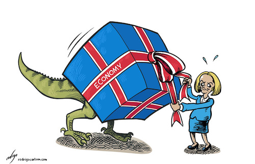 Cartoon: Liztrussic Park (medium) by rodrigo tagged uk,britain,economy,challenges,liz,truss,british,pm,energy,gas,prices,inflation,poverty,fuel,elections,politics