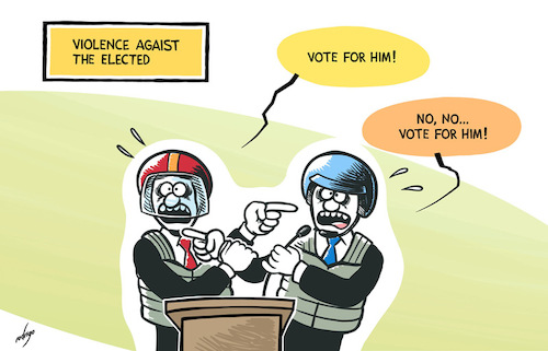 Cartoon: Martial politics (medium) by rodrigo tagged france,lawmakers,elected,attacks,politics,violence,elections,society,democracy