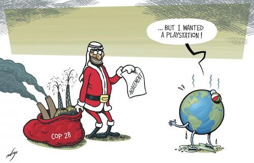 Cartoon: Merry Climatemas (medium) by rodrigo tagged cop28,climate,summit,uae,environment,deal,un,countries,world,conference,nations,transition,fossil,fuels,climatechange,globalwarming,agreement,international,politics,energy,economy