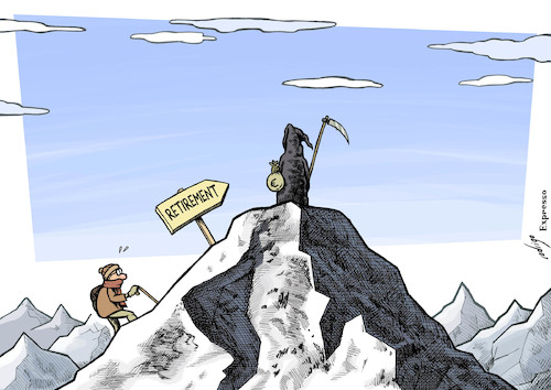 Cartoon: Mount Neverest (medium) by rodrigo tagged work,working,class,retirement,pension,social,security,employment,economy,age,elderly