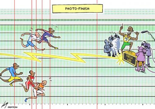 Cartoon: New world records for Usain Bolt (medium) by rodrigo tagged usain,bolt,athletics,track,field,speed,velocity,world,record,100,meters,200
