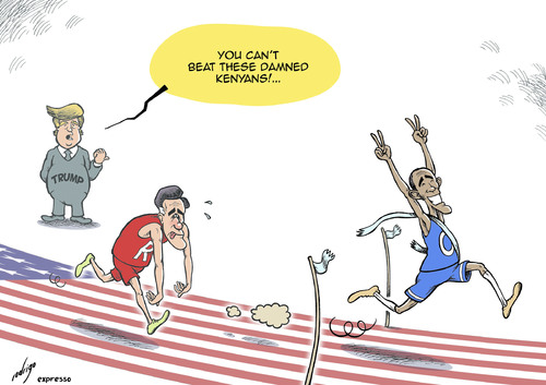 Cartoon: Obamarathon (medium) by rodrigo tagged us,usa,barack,obama,mitt,romney,election,president,democrat,republican,campaign,donald,trump