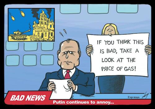 Cartoon: War on gas prices (medium) by rodrigo tagged ukraine,gasoline,war,prices,marina,ovsyannikova,russia,tv,antiwar,protest,news,military,putin,journalism,information,international,politics,economy,energy,oil,gas