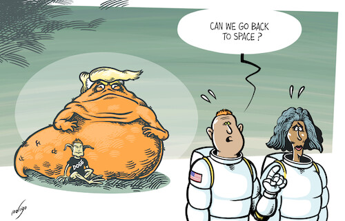 Cartoon: Welcome to Planet MAGA (medium) by rodrigo tagged usa,space,nasa,astronauts,butchwilmore,suniwilliams,earth,mission,spacex,elonmusk,trump,doge,politics,international,science,donaldtrump,maga,iss,landing,usa,space,nasa,astronauts,butchwilmore,suniwilliams,earth,mission,spacex,elonmusk,trump,doge,politics,international,science,donaldtrump,maga,iss,landing