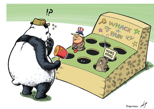 Cartoon: Whack-a-Pain (medium) by rodrigo tagged china,hong,kong,usa,trump,trade,war,politics,international,world,commerce,economy,society,extradition,law