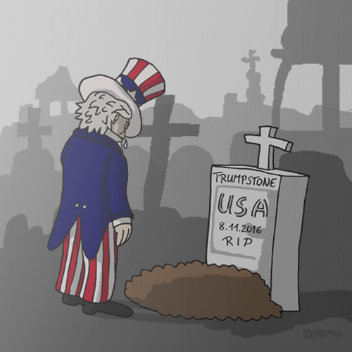 Cartoon: Amerika und die Wahl... (medium) by Rainer Demattio tagged amerika,clinton,donald,trump,friedhof,grabstein,kreuz,präsident,sieg,tot,trauer,unkle,sam,usa,wahl,wahlkampf