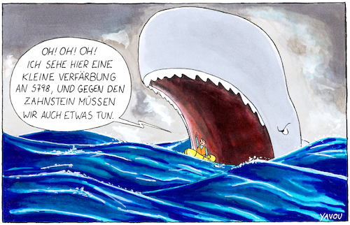 Cartoon: Auf dem Meer (medium) by Yavou tagged wal,pottwal,schlauchboot,meer,ozean,zähne,zahnarzt,zahnstein,zahnpflege,wal,pottwal,schlauchboot,meer,ozean,zähne,zahnarzt,zahnstein,zahnpflege