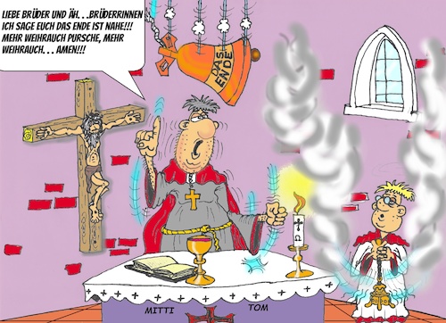 Cartoon: Das Ende ist Nahe (medium) by Mittitom tagged kirche,pater,predigt,prediger,weihrauch
