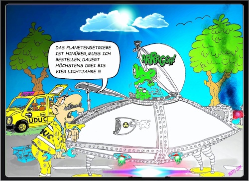 Cartoon: Pannenhelfer (medium) by Mittitom tagged ufo,pannenhelfer,gelber,engel,reisezeit,urlaub