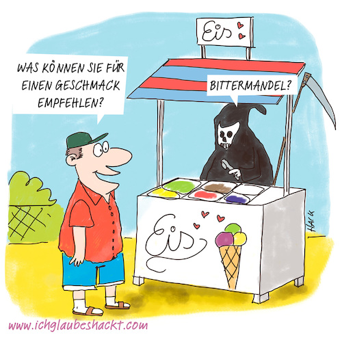 Cartoon: Bittermandel (medium) by ichglaubeshackt tagged eis,eisverkäufer,eisdiele,tod,urlaub,ferien,sensenmann,bittermandel