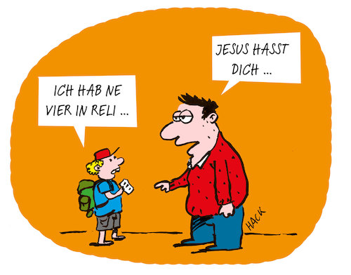 Cartoon: Relinote (medium) by ichglaubeshackt tagged schule,lehrer,eltern,religion,religionsunterricht,zeugnis,note,schüler,jesus
