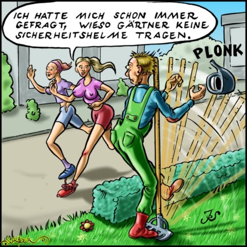 Cartoon: Gärtner ohne Helm (medium) by KritzelJo tagged sicherheitshelm,arbeitsunfall,hecke,gießkanne,harke,gärtner,frauen,joggen